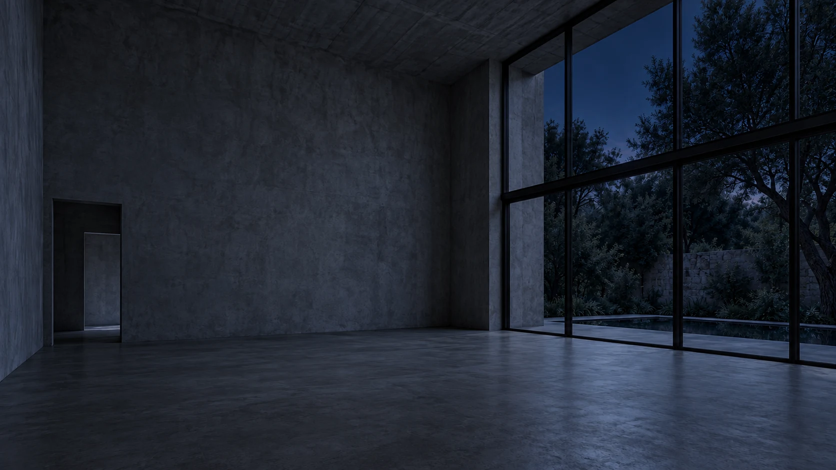 An unfinished double-height villa at night. A moving circle reveals its furnished interior.